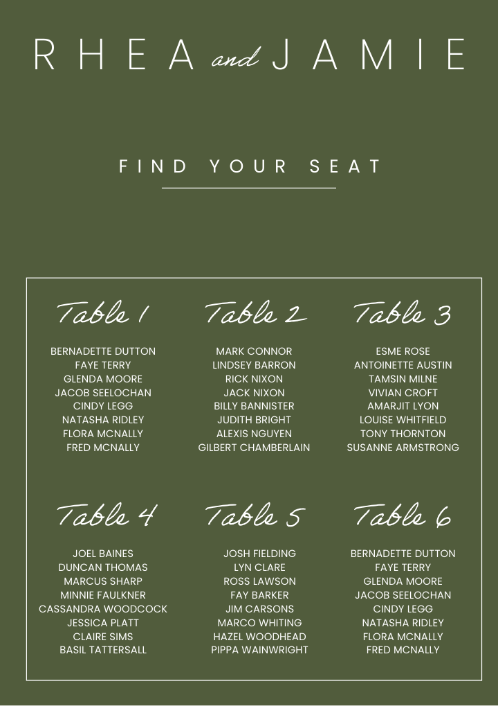 Wedding seating plan before redaction