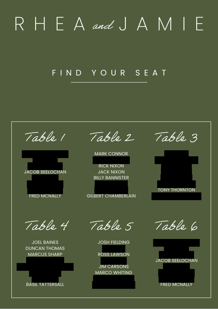 The same seating plan with the names of female guests redacted