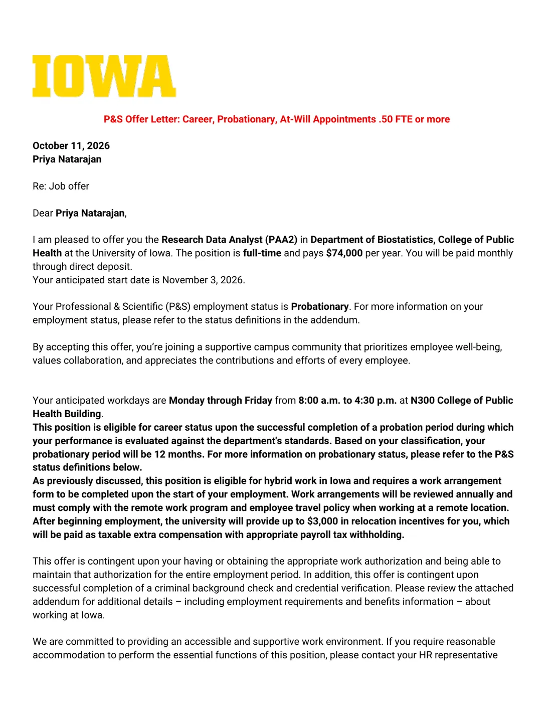 Page 1 of the delivered offer letter on the University of Iowa letterhead, with the red template title still above the date