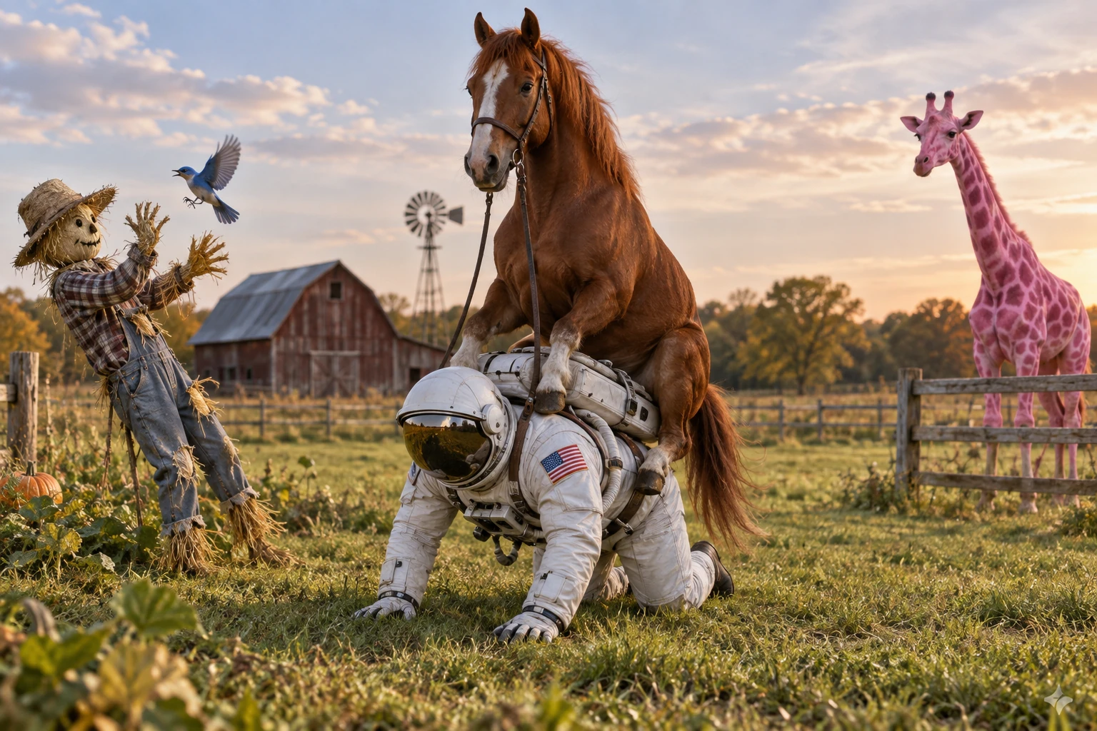 A horse riding an astronaut in a role-reversed farm scene