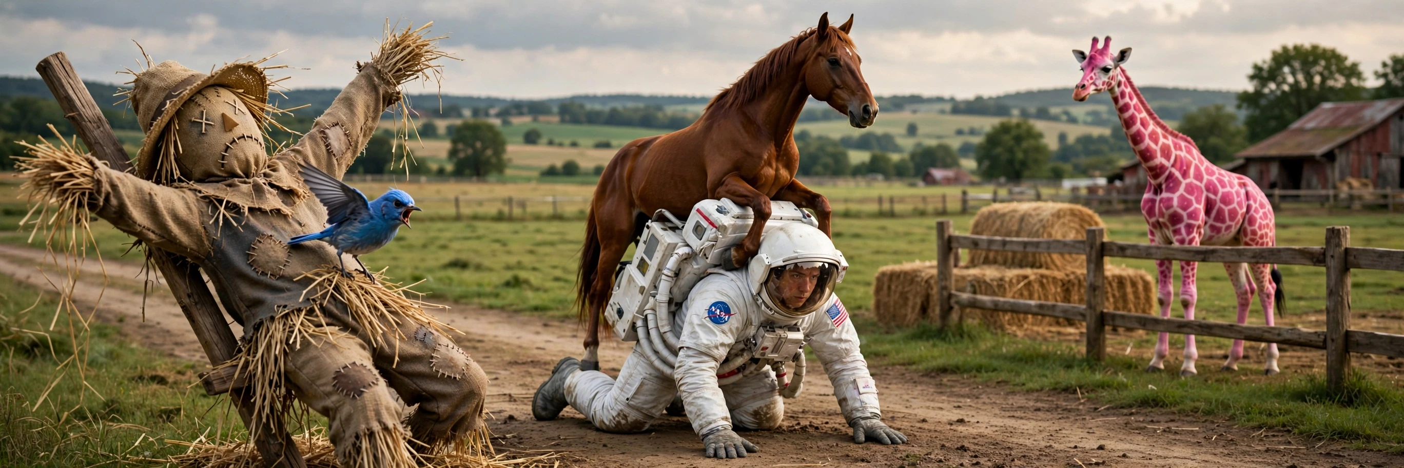 A horse riding an astronaut in a role-reversed farm scene