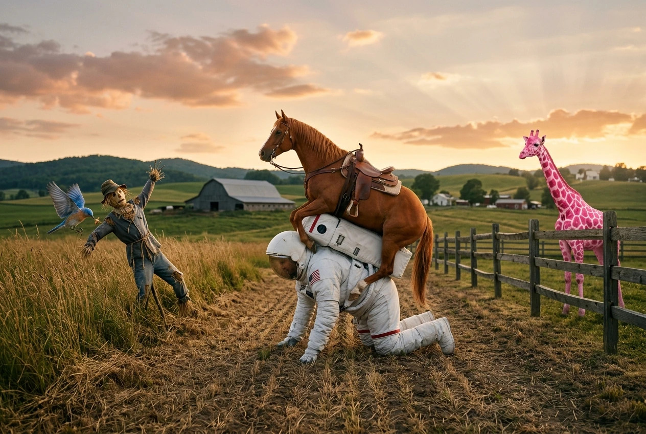 A horse riding an astronaut in a role-reversed farm scene