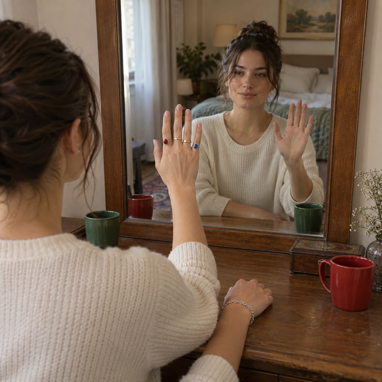 A vanity mirror scene testing hands, reflections and rings