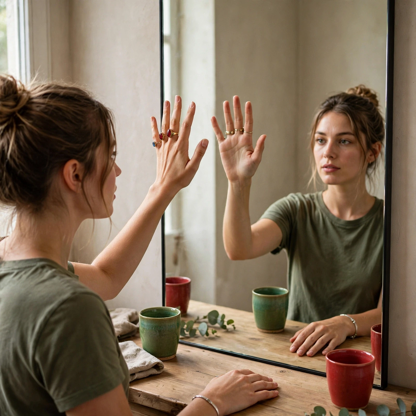 A vanity mirror scene testing hands, reflections and rings