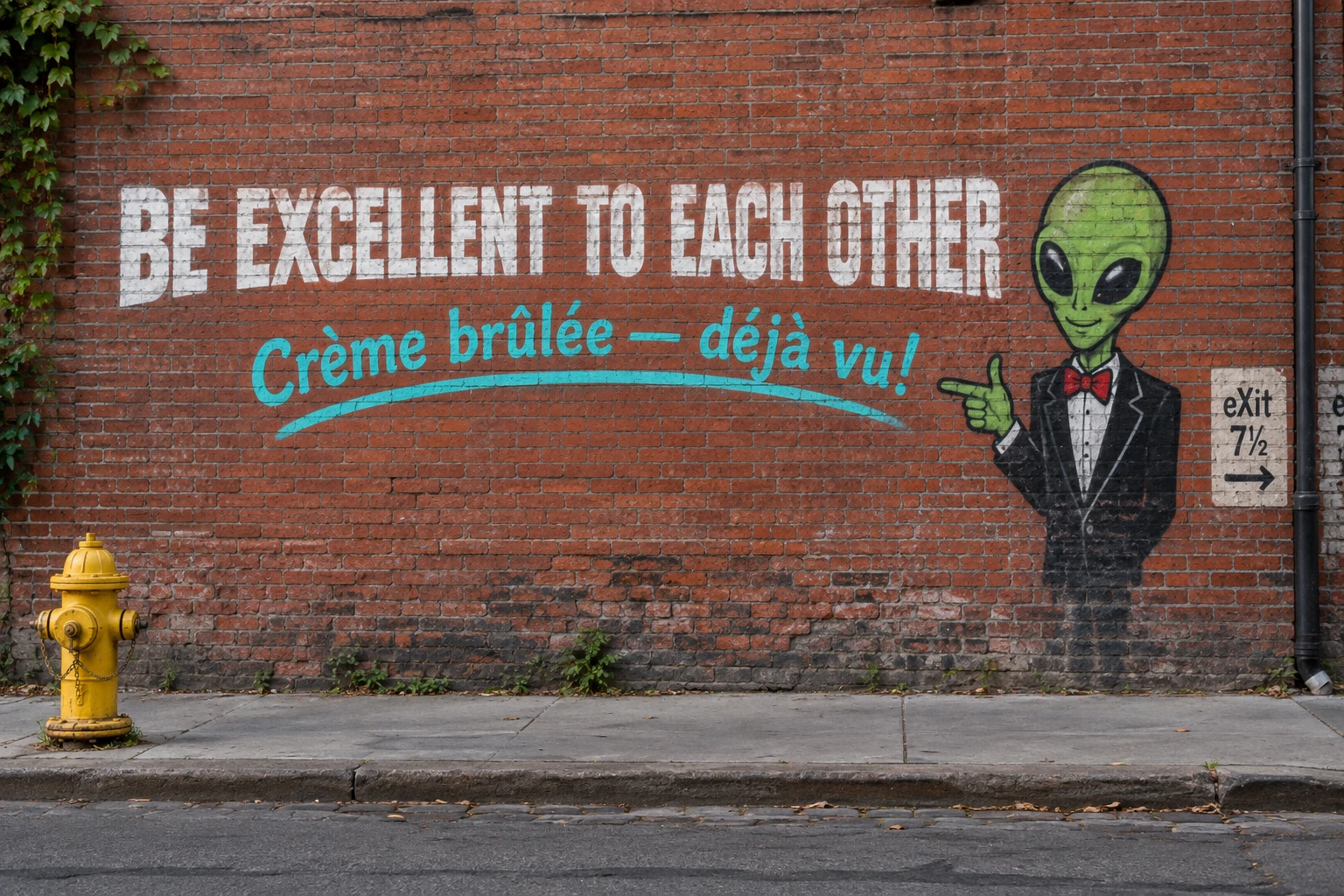 A brick-wall mural with exact multilingual typography
