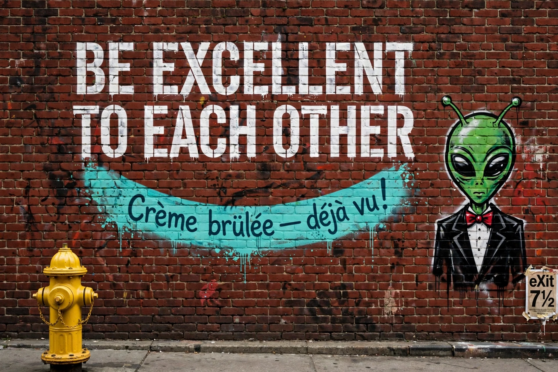A brick-wall mural with exact multilingual typography
