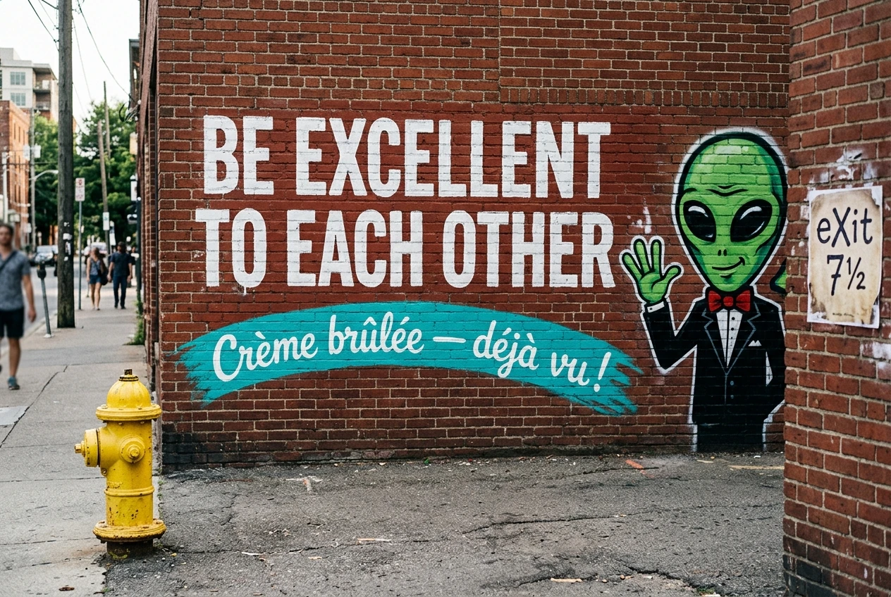 A brick-wall mural with exact multilingual typography