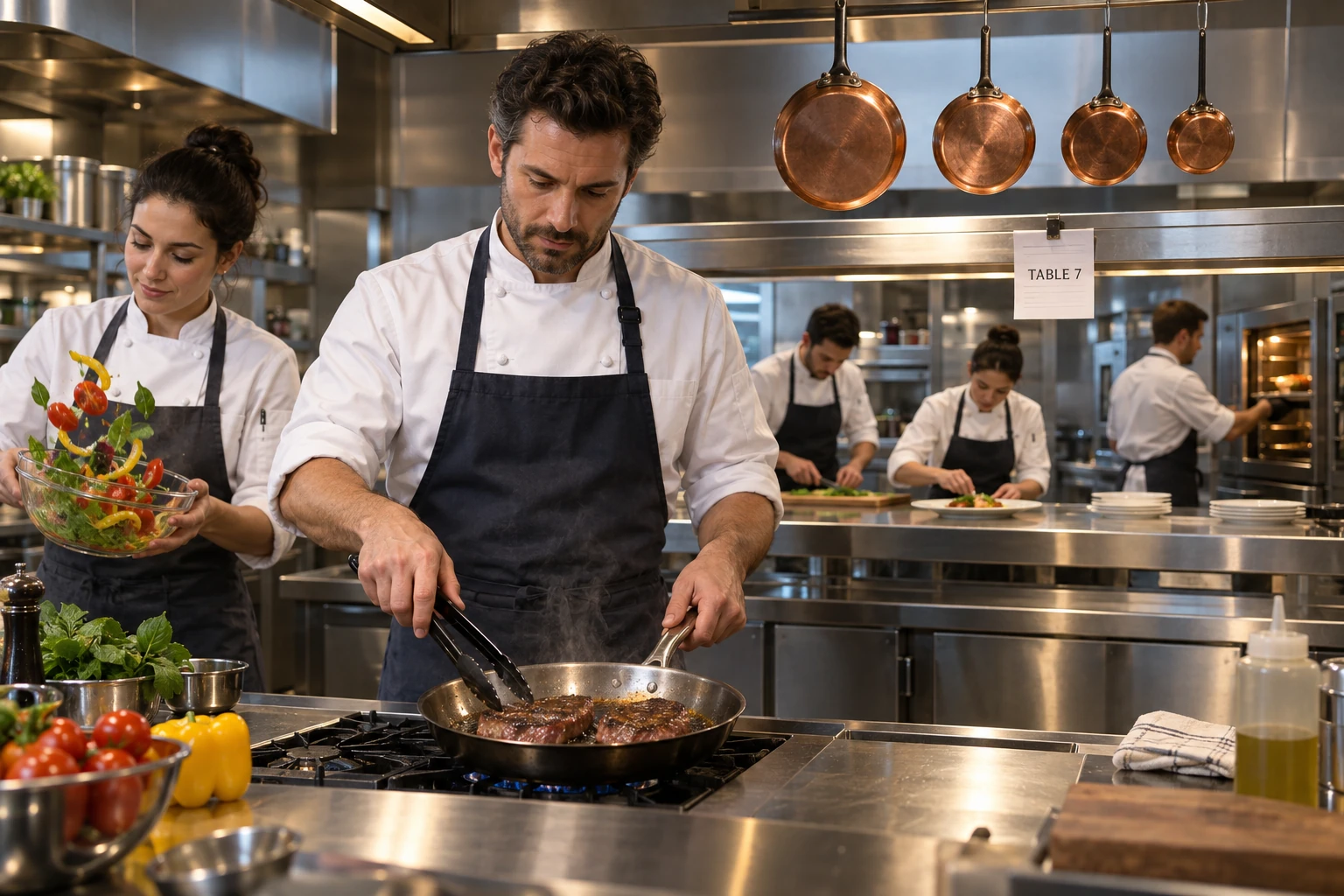 A professional kitchen with simultaneous foreground and background actions