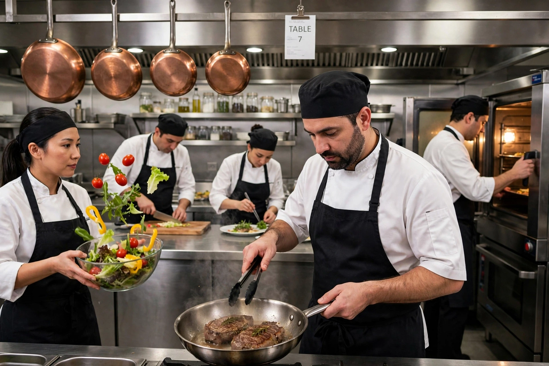 A professional kitchen with simultaneous foreground and background actions