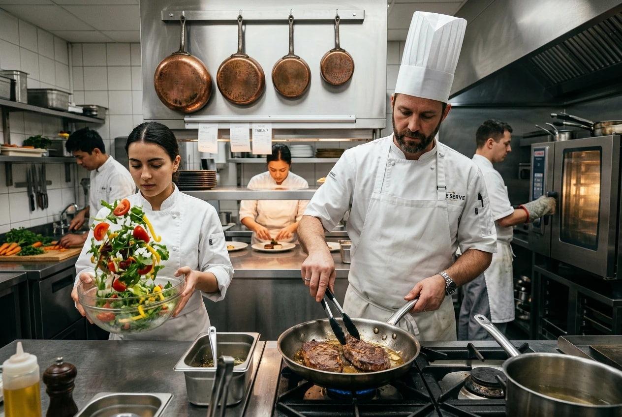 A professional kitchen with simultaneous foreground and background actions