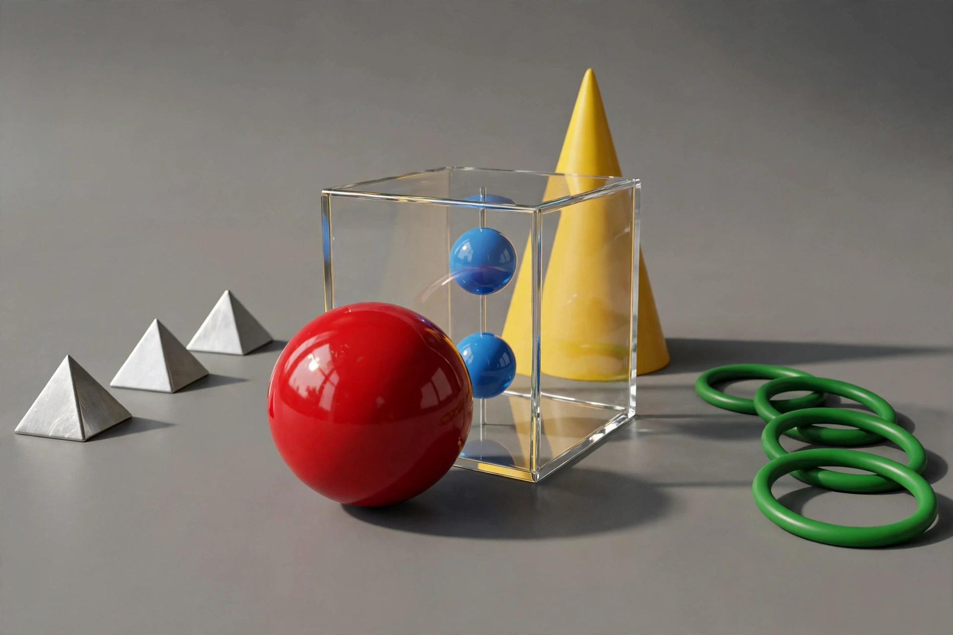 A studio still life testing transparency, depth and shadows