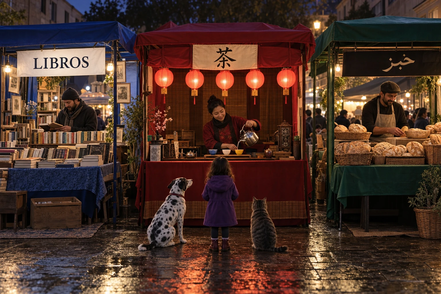 A multilingual market with exact signs, counts and hand dominance