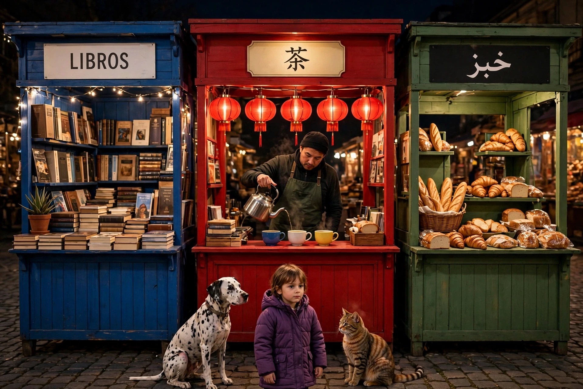 A multilingual market with exact signs, counts and hand dominance