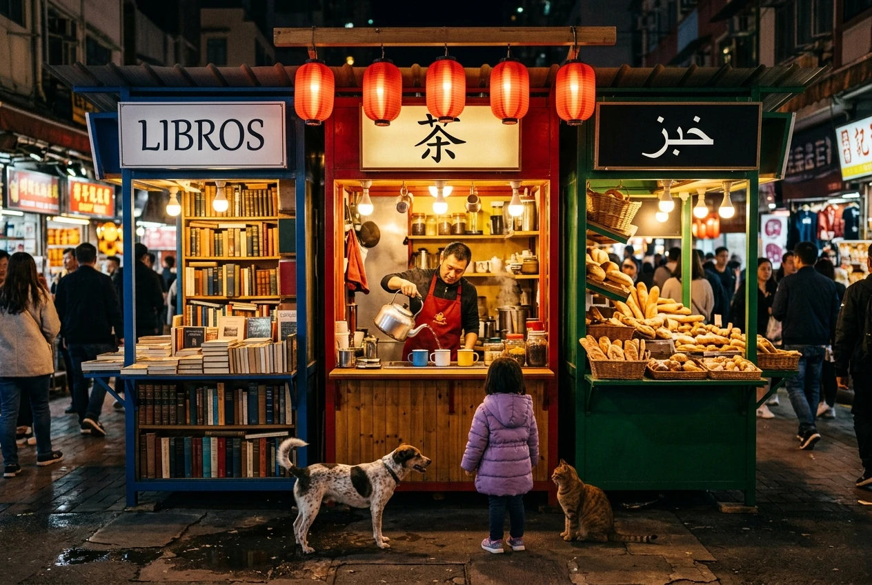 A multilingual market with exact signs, counts and hand dominance