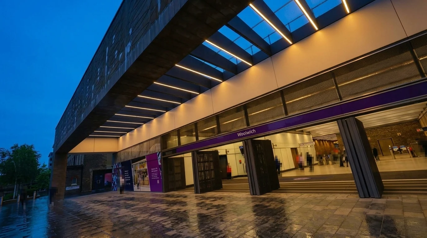 Woolwich station transformed to blue hour