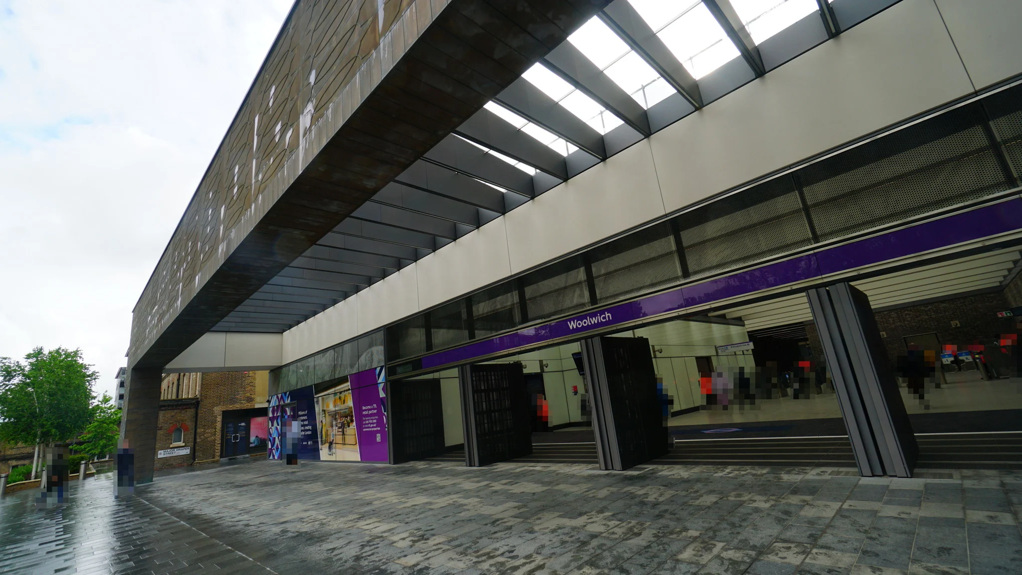 Woolwich station exterior during overcast daytime