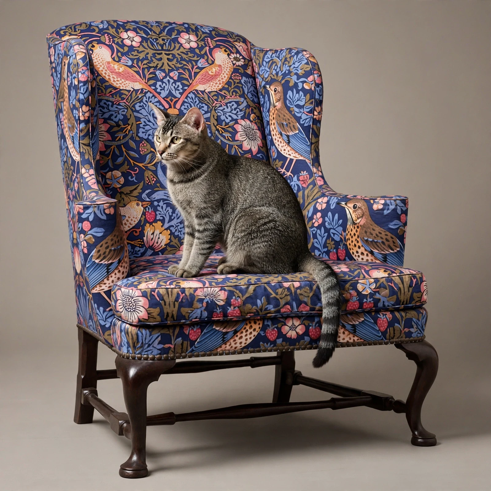 Gray tabby on a patterned historic wing chair