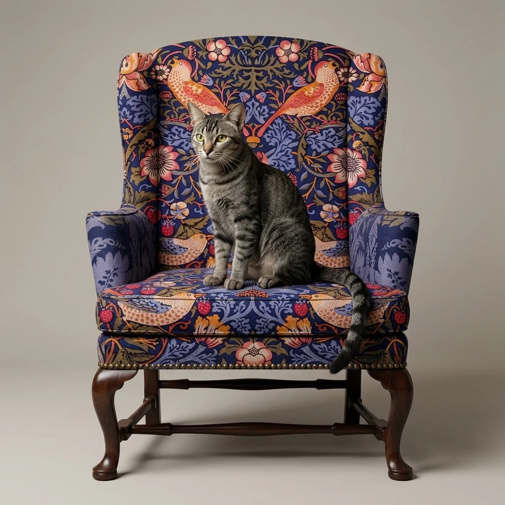 Gray tabby on a patterned historic wing chair