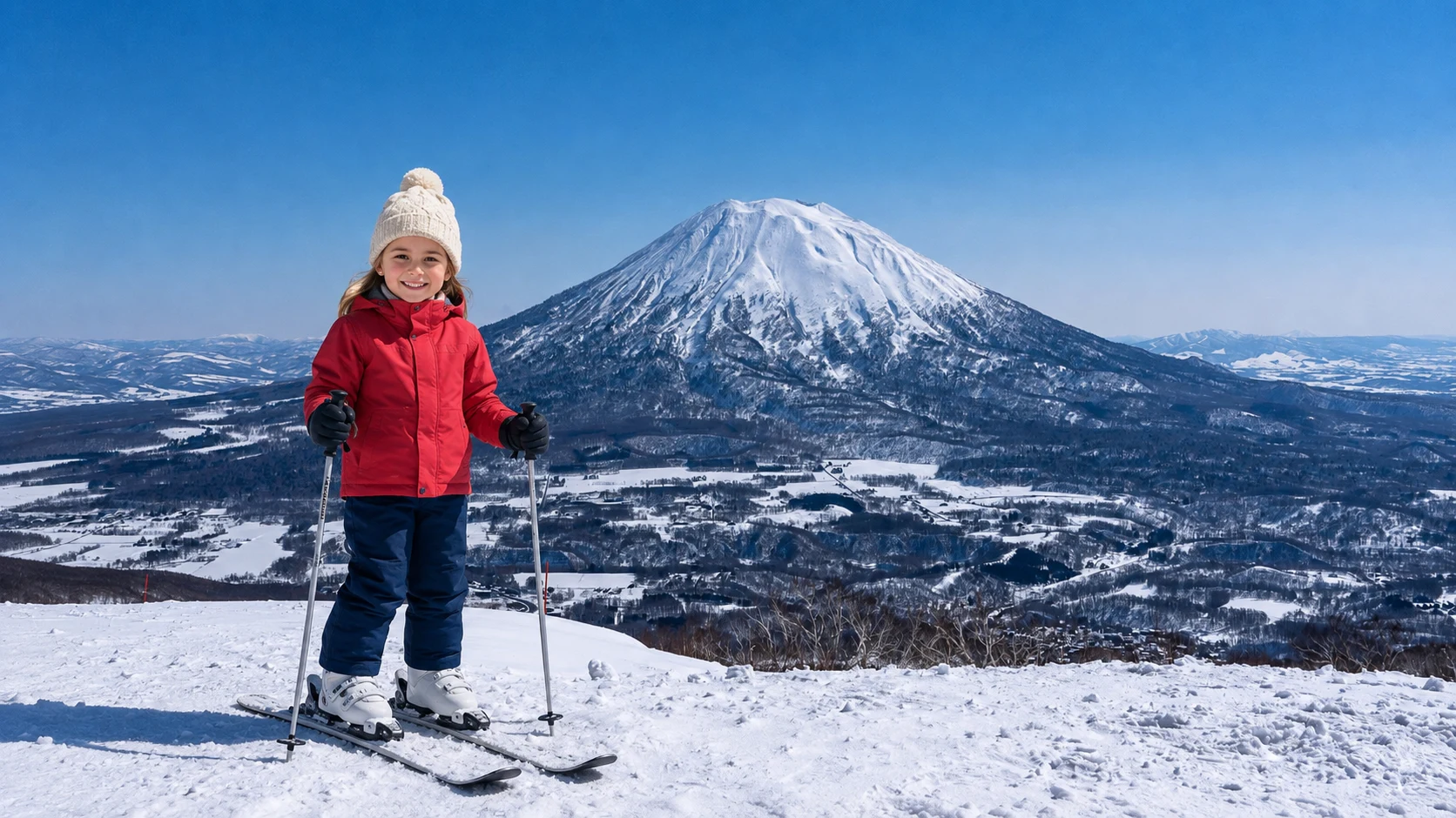Young girl skiing before Mount Yotei in Hokkaido