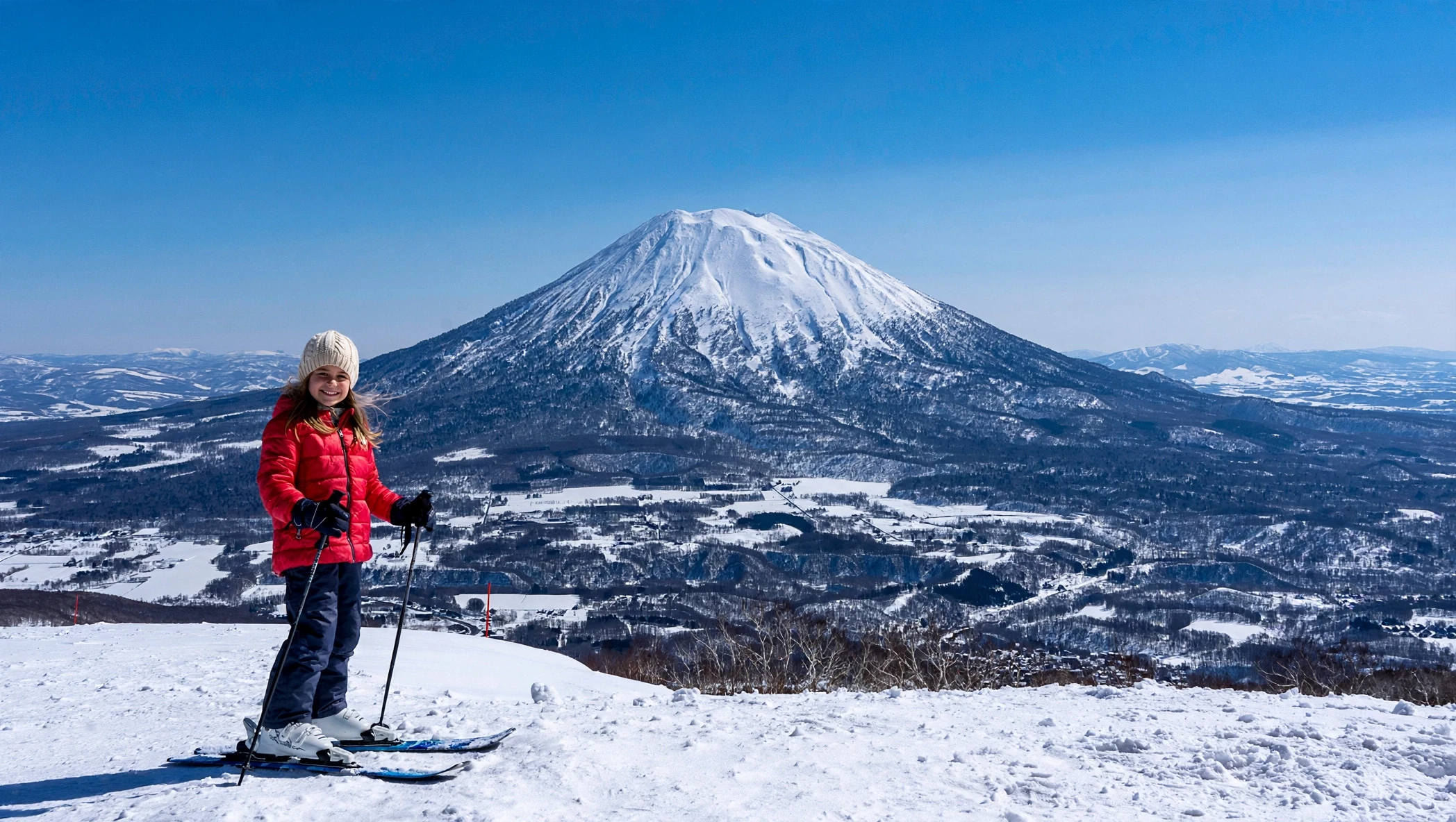 Young girl skiing before Mount Yotei in Hokkaido