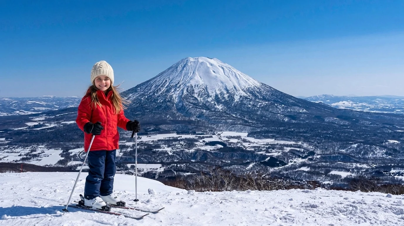 Young girl skiing before Mount Yotei in Hokkaido